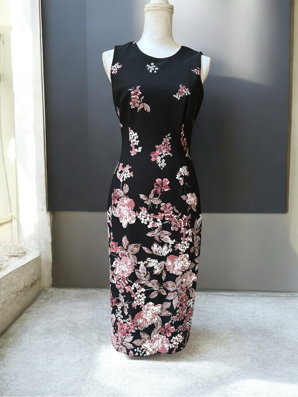 Adrianna Papell Black Sleeveless Floral Pink & White Scoop Neck Sheath Dress 6